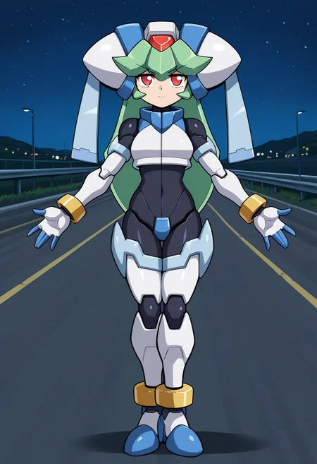 frieezastance, outstretched arms, open hands, legs together, 1girl, solo, pandorazxa, transformedform, android, green hair, long hair, red eyes, helmet, crop top, bodysuit, armor, armored gloves, armored boots, bracelet, anklet, outdoors, night, highway, annoyed, standing, full body, looking at viewer, leaning foward,
