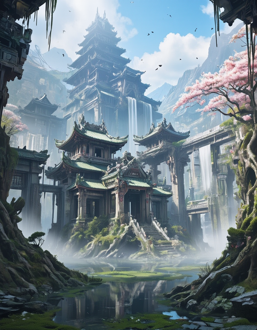 <lora:City_Worlds_02__Lost_-_Temple:1> cw02lost, a forgotten, asian old temple city on a mountain, fog, misty mountains, waterfall, lanterns, pond, cherry blossom, giant roots, birds, sunny day, blue sky, clouds, sun shades,