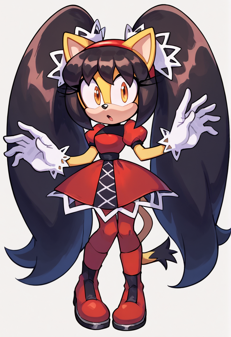 score_9, score_8_up, 2D, flat color, a plain white background with nothing in it, looking at viewer, 1girl, very detailed, extremely detailed, honey the cat from the sonic the hedgehog series, standing, full body, wide hips, narrow waist, curvy, red dress, frilly hair ties, shocked expression, open mout, open hands, wide eyes <lora:Smooth Anime 2 Style SDXL_LoRA_Pony Diffusion V6 XL:1> <lora:HoneySDXL:0.70>