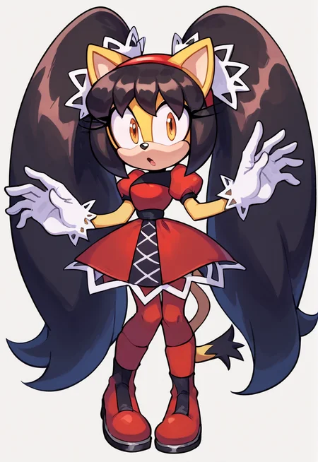 score_9, score_8_up, 2D, flat color, a plain white background with nothing in it, looking at viewer, 1girl, very detailed, extremely detailed, honey the cat from the sonic the hedgehog series, standing, full body, wide hips, narrow waist, curvy, red dress, frilly hair ties, shocked expression, open mout, open hands, wide eyes <lora:Smooth Anime 2 Style SDXL_LoRA_Pony Diffusion V6 XL:1> <lora:HoneySDXL:0.70>