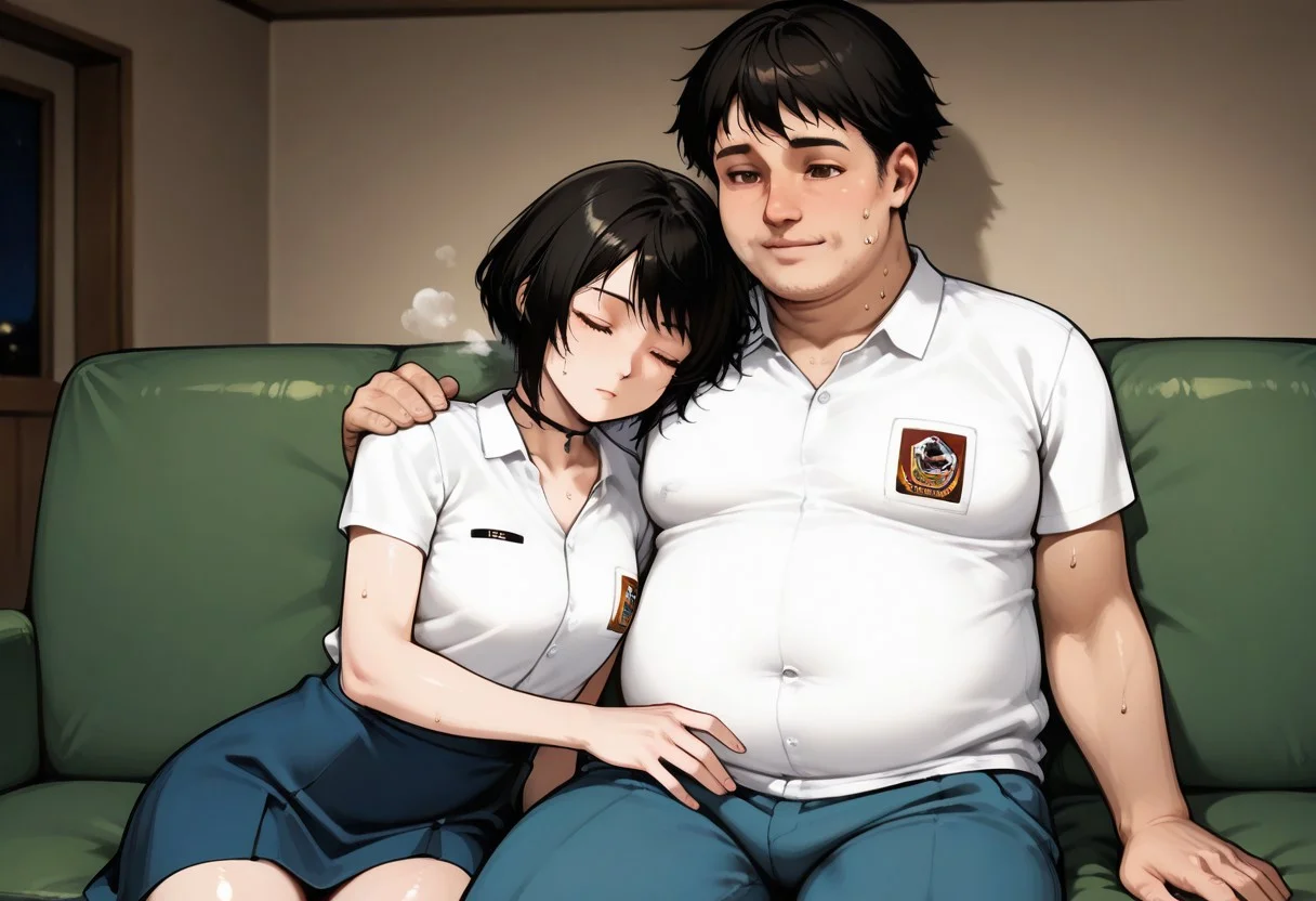 score_9, score_8_up, score_7_up, source_anime, masterpiece, high quality, best quality, highly detailed, insanely detailed, very aesthetic, absurdres, 1girl, 1guy, hetero, indoors, living room, sofa, at night, hot temperature, sultry room, depth of field, fallen asleep, wholesome,
BREAK,
1GIRL, LindawaifuIL, black hair, short hair, bob cut, brown eyes, choker, white shirt, collared shirt, emblem, short sleeves, blue skirt, (shiny skin, sweat), five fingers, sleeping, light smile, exhausted, tired, swelter, feeling hot, very sweaty skin, dripping sweat, sweating, steaming body, hugging, sitting on sofa,
BREAK,
1GUY, random guy, fat man, ugly man, white shirt, collared shirt, emblem, short sleeves, blue pants, sleeping, arm around another, sitting beside girl,