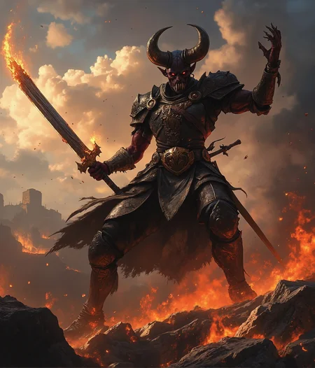 wide shot of a demonic demon warlord, wearing a black and fiery full plate armor,(swinging a massive flaming sword) fires of hell, chitinous skin, scars, wings, fighting pose, bones, blood splats, rocky battlefield, epic, extreme close-up portrait, extremely detailed, masterpiece, 4k resolution, volumetric lighting, film grain, award winning art, cinematic photorealistic, 8k uhd natural lighting, raw, rich, intricate details, key visual, atmospheric lighting, 35mm photograph, film, bokeh, professional, 4k, highly detailed