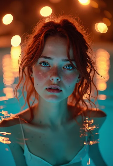 a highly detailed, professional photograph featuring a young woman submerged up to her shoulders in a pool at night, the woman has fair skin and striking red, wavy hair that cascades around her shoulders, her eyes are large and expressive, with a vivid blue hue, and her lips are full and naturally pink, she has a delicate, almost ethereal facial structure with high cheekbones and a slight blush on her cheeks, giving her a youthful and radiant appearance, the background is blurred, with bokeh lights in various colors, creating a dreamy, ethereal atmosphere, the pool water is a vibrant turquoise, reflecting the lights and creating a mirror-like effect around her, reflecting her face on the surface of the pool, not showing what's underwater, the overall composition is dynamic, with the woman's head and shoulders partially submerged in the water, and the background slightly out of focus, adding depth and a sense of mystery to the image, the lighting is soft and diffused, enhancing the ethereal quality of the scene