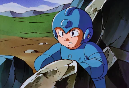 berserk, megaman, rockman, mega, rock, blue and cyan armor, helmet, classic, 1boy, kid, child, male, solo