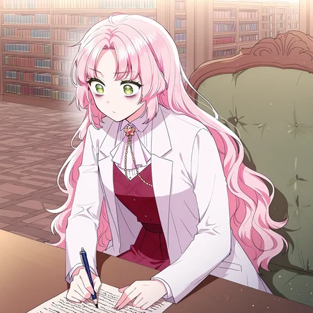masterpiece, best quality, amazing quality, very aesthetic, absurdres, newest, scenery, 1girl, solo, <lora:Kiana_Frellai:1>, frellai, pink hair, emerald eyes, long hair, bangs, labcoat, bags under eyes, sitting, writing on paper, ascot, library background