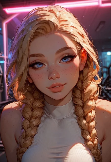 score_9, score_8_up, score_7_up, Expressiveh,
1girl, 20 year old girl, cute innocent, petite, fit body, muscular, ((freckles)), ((full pouty lips)), braided blonde hair, twin braids, tight (white sleeveless gym top),
face closeup, detailed face, focus on face, looking at viewer, seductive smile,
indoors, gym, nighttime, dark outside, neon lights, depth of field, bokeh, g0thic,
