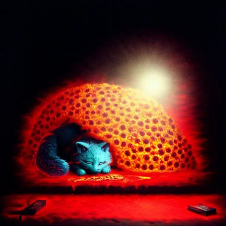 candy kitty, top down full body view, neon blue glow, ((cute adorable and fluffy cat sleeping ontop of a pizza what rests ontop of a pizza box)), futuristic robot cat, fluffy wild kitty cat, NightScapes, pizza, neko, cat, feline, cheese strings, juicy, perfectly baked pizza, juicy pepperony pizza, cozy atmosphere, creative light overlay, 4k, masterpiece, (masterpiece), best quality, (4K), (cinematic lighting), highly detailed, 8K, UHD, ultra detailed, immersive picture, vivid colors, volumetric light, cinematic light, extremely detailed CG, clutter, thrash, cluttered shed, boxes labeled 'stuff', tangled cables, tools, batteries, charger, 18650 randomness, various objects, wall painting, low key, spot lighting, BREAK glass jars, liquid, glass, glass bottle, red liquid, backlit, sleeping neko cat,