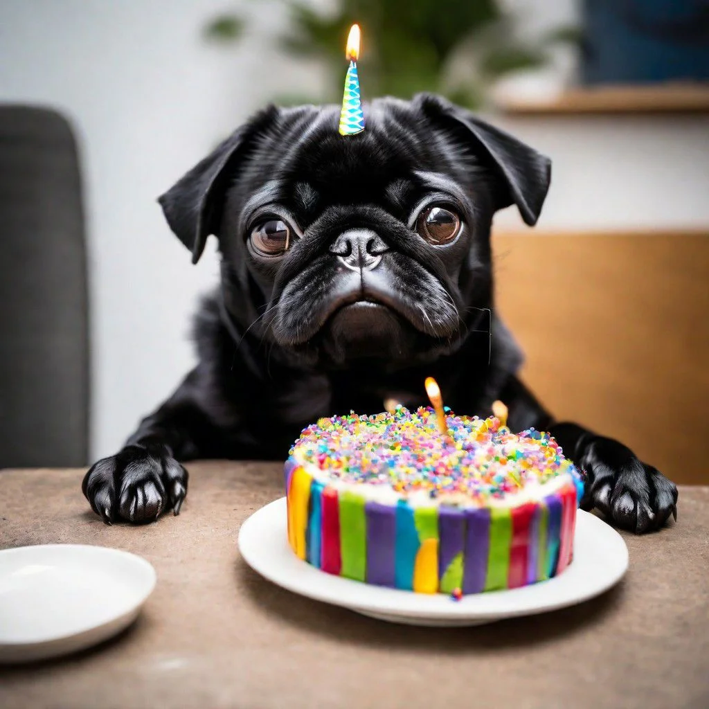 Black Pug Eat Birthday Cake