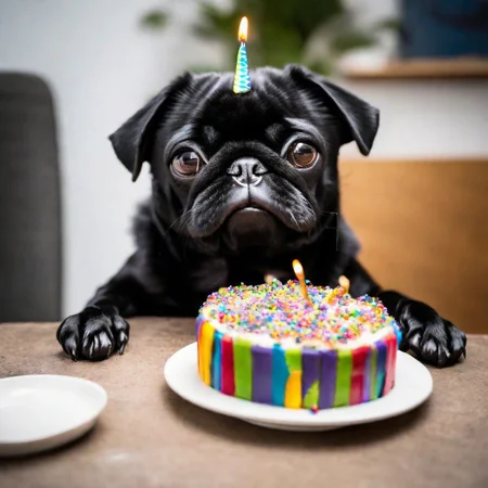 Black Pug Eat Birthday Cake