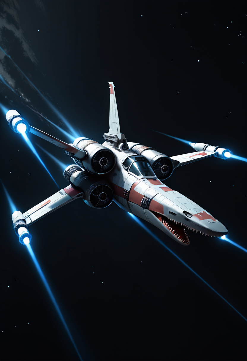 masterpiece, best quality, no humans,   ,<lora:SharkXShip_IXL:1.0>,  zzSharkXShip, soaring above a distant planet, its fins and sharp teeth casting an imposing shadow against the planet's surface. The shipâs hull reflects the planet's swirling atmosphere, while energy shields flare up with each maneuver. A starry expanse stretches out behind it, while the shipâs lights glow brightly, creating a sense of speed as it cuts through the blackness. The sleek shark-themed design contrasts beautifully against the starry background.