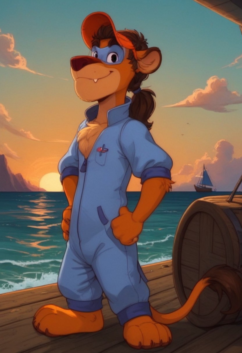 score_7, score_8, score_9, dynamic lighting, detailed background, background is ship dock, dock, (stacked crates), ((ocean)), boats, mountains in distance, ((outdoors)), clouds, sunny, (close up), cowboy shot,
BREAK 
Solo, 1boy, ((anthropomorphic)), furry male, Wildcat, yellow fur, two tone fur, brown hair, hair in ponytail, animal nose, black eyes, slender, animal ears, yellow ears, (yellow tail), feet claws, snaggle tooth, eye mask, fluffy fur, fluffy eyebrows, (fang), chest fur tuft,
BREAK 
shot from side, standing, looking at viewer, smiling, jumpsuit, hat, hands on hips,