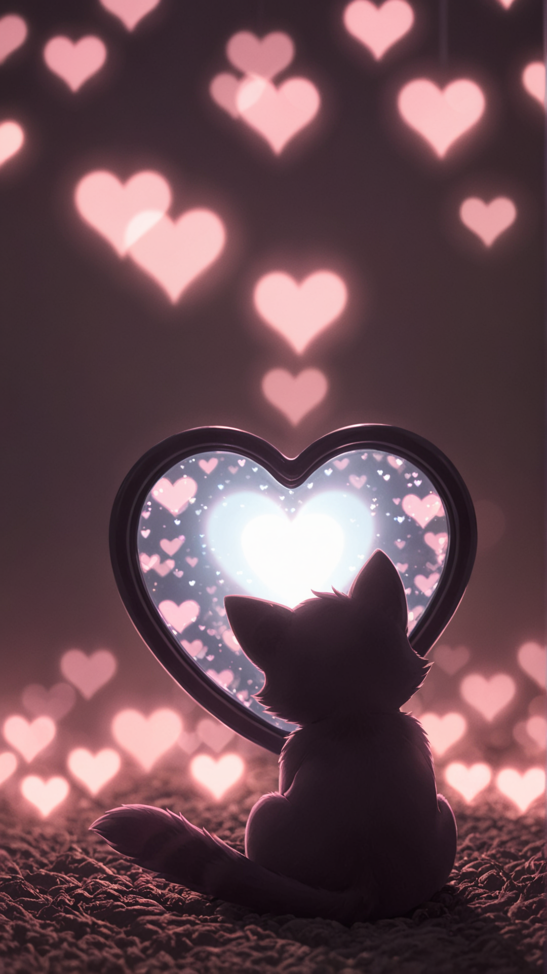 super cute anime wallpaper, In the (heart) of a mystic place, a heart shaped mirror mergin into a smooth backdrop of a mystical surrounding. The magic air and the sun's rays shines through the glassy surface, creating a mesmerizing display of light and shadow. deep focus, Simple illustration, some pink details, Wonder, cute animals, <lora:aidmaBokehmachine-V0.1:0.7>, bokehmachine, heart bokeh, pink bokeh,