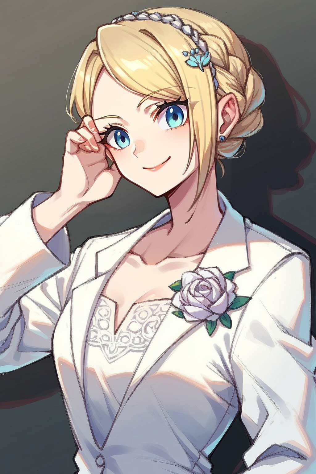 absurdres,high quality,score_9, score_8_up, score_7_up, score_6_up, score_5_up, score_4_up, source_anime,edgCosette,braid,white suit,  skirt, blonde hair, smile
 <lora:edgCosettePony:1>