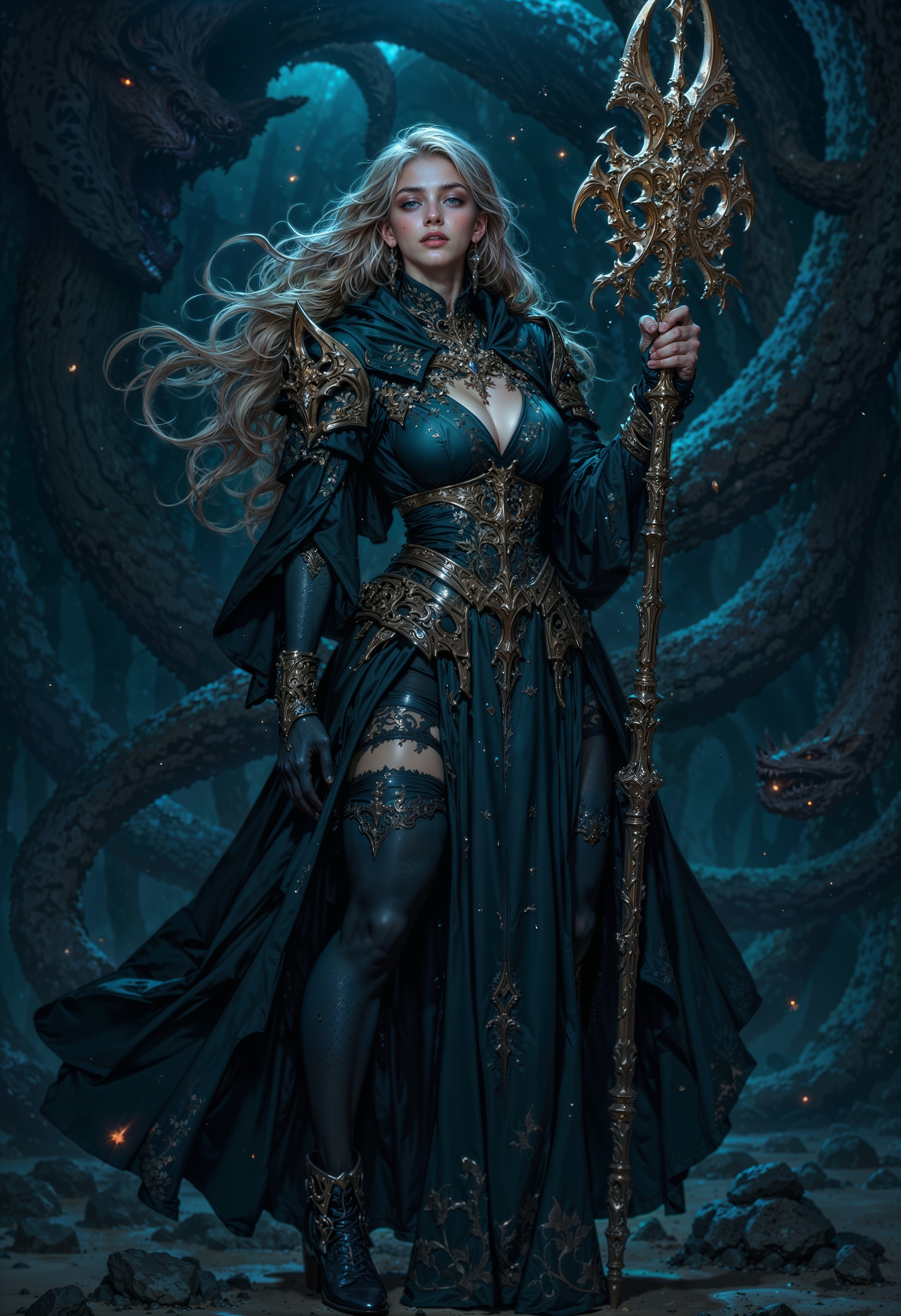 A witch of the deep sea, her translucent, jellyfish-like gown glowing faintly in the dark abyss. Her hair flows like tendrils of ink, blending into the swirling currents around her. Tiny glowing creatures swim in her wake, and her eyes shine like twin lighthouses in the inky blackness. She holds a trident covered in coral and bioluminescent barnacles, the weapon crackling faintly with electrical energy. Behind her, the faint outline of a massive leviathan looms, watching silently.