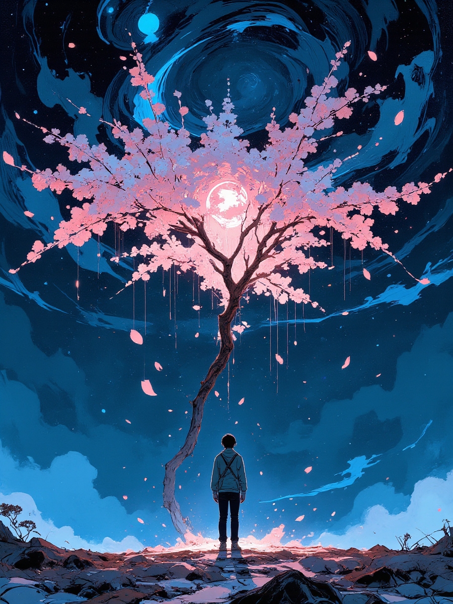 A hyperrealistic illustration comes alive on a swirling canvas of deep indigo, the color of a moonless night. A young man stands under a cherry blossom tree, Bursts of cherry blossom pink and white erupt upward like joyous fireworks, their fluid forms caught mid-dance in a gentle breeze. Each petal trails wisps of light, hinting at their ethereal nature.
Above them, stars appear not as individual points but as shimmering streaks cascading through the darkness. They dance and merge with the falling petals in a mesmerizing celestial rain. The overall effect is one of joyful release, beauty fleeting yet eternally impactful.