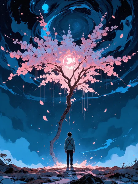 A hyperrealistic illustration comes alive on a swirling canvas of deep indigo, the color of a moonless night. A young man stands under a cherry blossom tree, Bursts of cherry blossom pink and white erupt upward like joyous fireworks, their fluid forms caught mid-dance in a gentle breeze. Each petal trails wisps of light, hinting at their ethereal nature.
Above them, stars appear not as individual points but as shimmering streaks cascading through the darkness. They dance and merge with the falling petals in a mesmerizing celestial rain. The overall effect is one of joyful release, beauty fleeting yet eternally impactful.