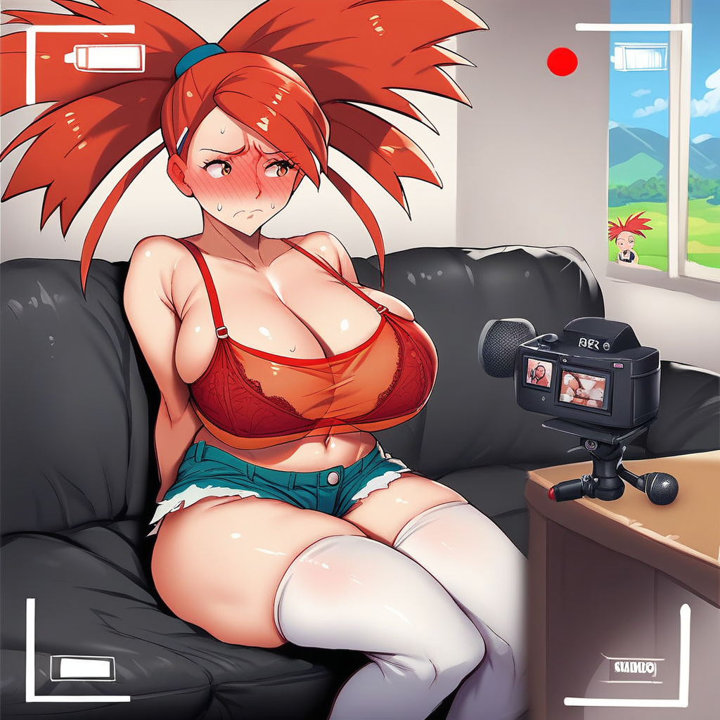 Artist Style:urushihara_satoshi, score_9, score_8_up, score_7_up, rating_explicit, castingxl, c4stingc0uch, (recording), Flannery\(Pokemon\), (red hair), 1woman, shy, blushing, see-through, crop_top, red bra, denim, shorts, thighhighs, socks, sitting, full-face blush, on couch, recording, (media player interface), battery indicator, Scenery, indoors, casting_couch, boom microphone, tripod, teasing, pouting, expressive,thigh_highs, huge breasts, navel,