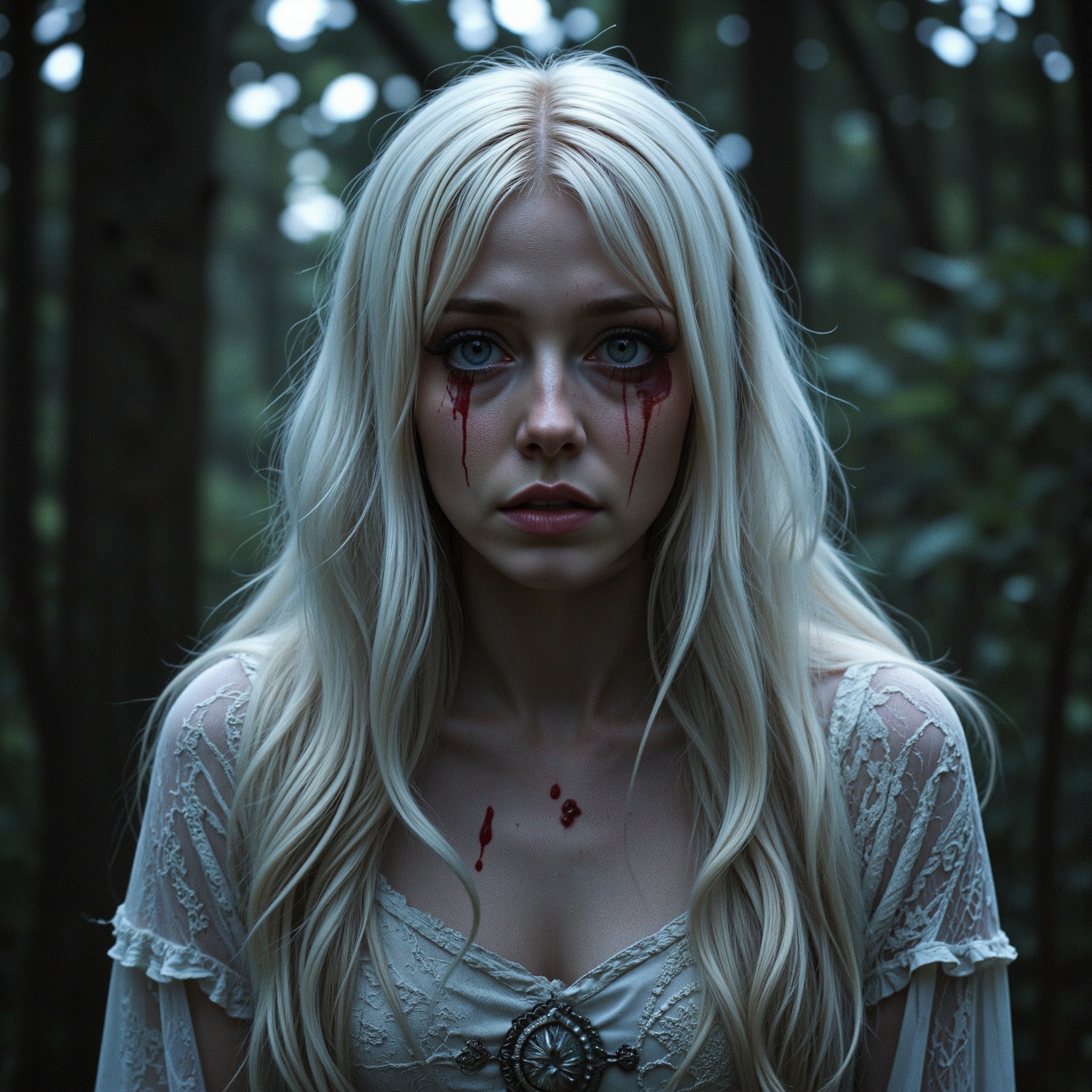 cinematic photo masterpiece, best quality, night, horror movie, ethereal art, supernatural, (close up shot:1.2), beautiful ethereal banshee spirit girl, long white streaming hair, (crying:1.2), (sad expression:1.2), detailed dark running make up ,evil spirit, ghost, dynamic horror pose, calling out to the viewer, sad, dark celtic forest, very pale white skin, spooky, wearing a flowing white lace dress with ornate embroidery, blood shot eyes, dark art, horror art, Dark and eerie tones, dreamy(photorealistic:1.2), depth of field, , intricate, moonlight, fog, (midnight:1.2), detailed skin, skin pores 35mm photograph, film, bokeh, professional, 4k, highly detailed