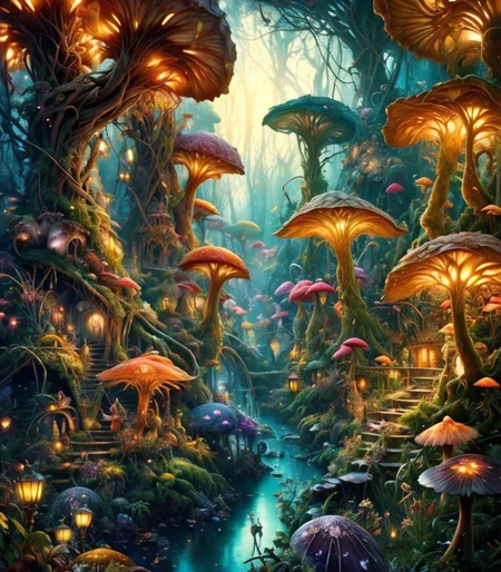 (masterpiece:1.2), (best quality,:1.2), 8k, HDR, ultra detailed, ((photorealistic)), professional light, cinematic lighting, fashion photography, ambient lighting, <lora:detail_slider_v4:2>, a magical fantasy forest, a lot of huge mushrooms, feyfa, <lora:FeyAndFairies-10:1>, style-sylvamagic, epiCPhoto