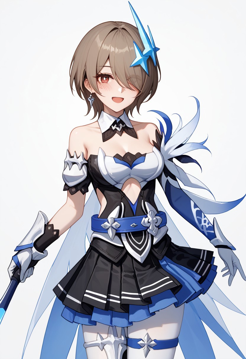 score_9, score_8_up, score_7_up, 1girl, solo, RitaRossweisse, brown hair, short hair, hair over one eye, red eye, medium breasts, hair ornament, belt, blue belt, breastplate, white breastplate, center opening, clothing cutout, side cutout, strapless, strapless shirt, detached collar, black and blue shirt, layered skirt, pleated skirt, black and blue skirt, miniskirt, asymetrical gloves, white and blue gloves, thigh band, arm bands, white pantyhose, smiling, open mouth, blushing