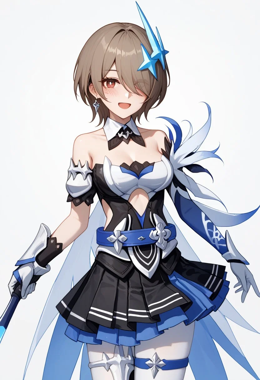 score_9, score_8_up, score_7_up, 1girl, solo, RitaRossweisse, brown hair, short hair, hair over one eye, red eye, medium breasts, hair ornament, belt, blue belt, breastplate, white breastplate, center opening, clothing cutout, side cutout, strapless, strapless shirt, detached collar, black and blue shirt, layered skirt, pleated skirt, black and blue skirt, miniskirt, asymetrical gloves, white and blue gloves, thigh band, arm bands, white pantyhose, smiling, open mouth, blushing