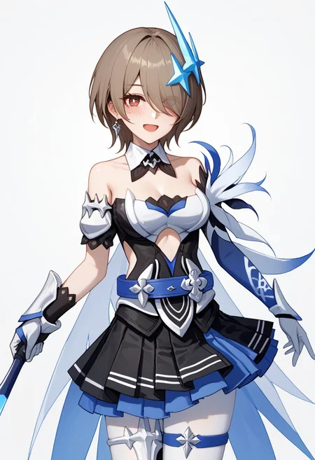 score_9, score_8_up, score_7_up, 1girl, solo, RitaRossweisse, brown hair, short hair, hair over one eye, red eye, medium breasts, hair ornament, belt, blue belt, breastplate, white breastplate, center opening, clothing cutout, side cutout, strapless, strapless shirt, detached collar, black and blue shirt, layered skirt, pleated skirt, black and blue skirt, miniskirt, asymetrical gloves, white and blue gloves, thigh band, arm bands, white pantyhose, smiling, open mouth, blushing