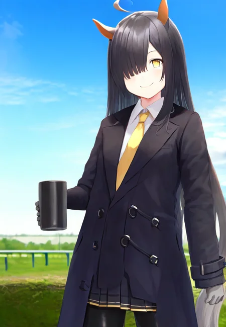 traditional media, flat, (hair covering one eye:1.3), long front bangs, black hair, 1girl,ahoge, black gloves, black hair, (black pleated skirt:1.1), blazer,long chesterfield coat, (open coat:1.2) with  gold decoration ,  gloomy, ,,,,,,,,,,,,,,,,,,,,,,,,,,,,,,,,,,,,,,,,,,,,,,,,,,,,,,,
(yellow tie:1.3),( holding coffee mug:1.0), very long hair, black leggings, outdoors, closed mouth,(  horse ears, horse girl:1.3),  manhattan cafe \(umamusume\), smile, solo, standing, yellow eyes, black shirt <lora:oekakizuki-v1-8k-lora:2>