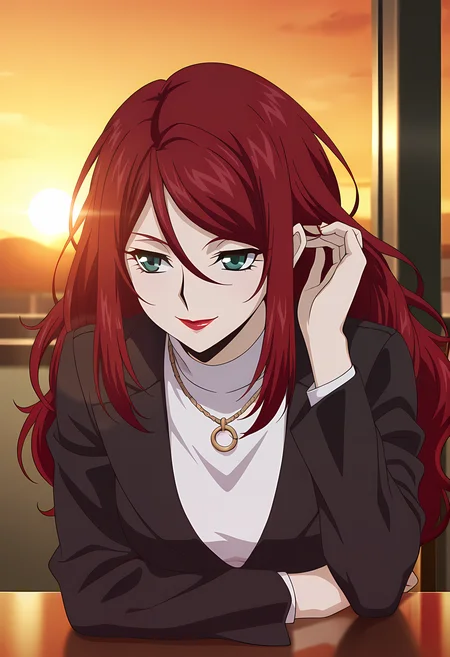masterpiece,best quality,amazing quality,
1girl, solo,
Sophie Belle (Cardfight Vanguard), long hair, red hair, hair between eyes, green eyes, lipstick, red lips, makeup, jewelry, necklace, turtleneck, black jacket, white pants, high heels,
Smile, looking, hands on table, Fixing hair,
cinematic, upper body,
Sit, bar, afternoon, sunset,
Lens flare, bloom,
Official style, anime screencap, anime coloring,