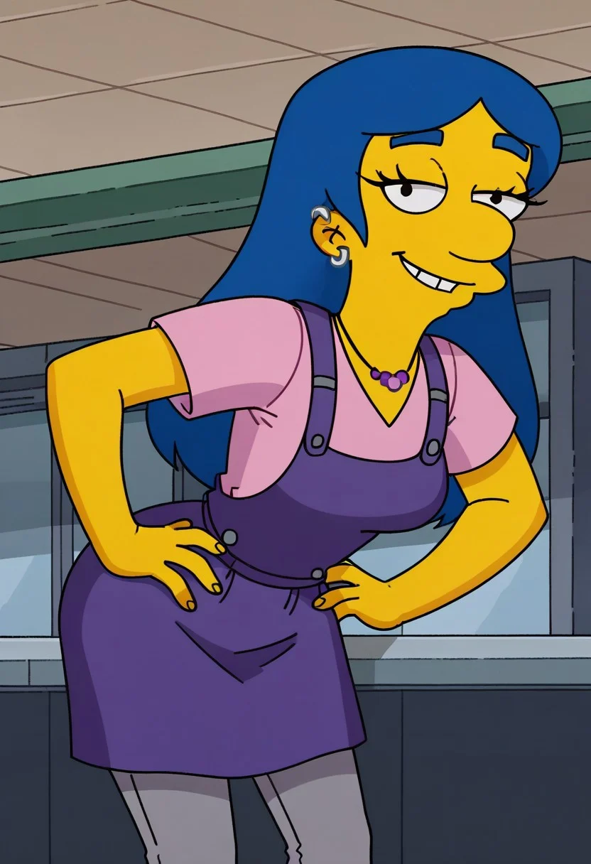 score_9, 1girl, solo, annika van houten, yellow skin, blue hair, ear piercing, necklace, purple dress, undershirt, grey pants, looking at viewer, half-closed eyes, smile, hands on hips, bent over