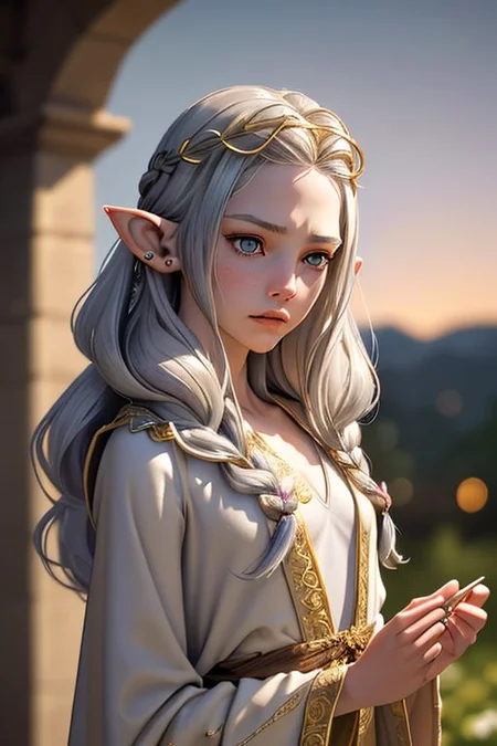 Portrait of a beautiful queen, 18yo, casting a spell, (small natural pointed ears:1.4), very long braided golden hair with silver highlights, gold circlet, (lips speaking a spell), large light grey eyes, melancholy, medium breasts, (finely embroidered gossamer tunic and robe with stars design), random pose, outdoors, star filled sky, golden hour, professional hyperrealist art by Chuck Close, sharp focus, dramatic, award winning, dtx, (depth of field blurry background, blurry foreground, bokeh, (masterpiece), (extremely intricate:1.3), (hyperrealistic), HD