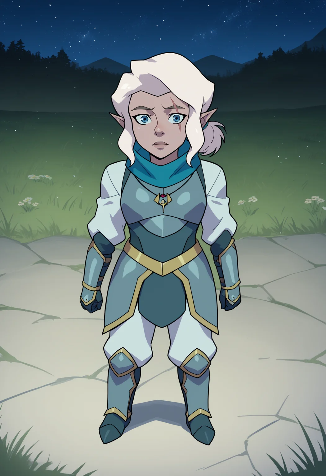 score_9, score_8_up, score_7_up, BREAK,
1girl, pike, white hair, ponytail, blue eyes, scar across eye,
pointy ears, gnome,
blue scarf, necklace,
armor, breastplate, pauldrons, white pants, armored boots,
full body, looking at viewer, standing, contrapposto, night, starry sky, grass, moutains background <lora:PikeTrickfootPDXL_byKonan:1>