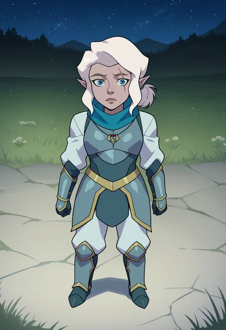 score_9, score_8_up, score_7_up, BREAK,
1girl, pike, white hair, ponytail, blue eyes, scar across eye,
pointy ears, gnome,
blue scarf, necklace,
armor, breastplate, pauldrons, white pants, armored boots,
full body, looking at viewer, standing, contrapposto, night, starry sky, grass, moutains background <lora:PikeTrickfootPDXL_byKonan:1>