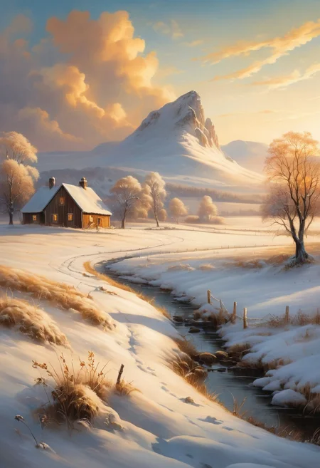 A peaceful nordic winter countryside scene bathed in the warm glow of golden hour, where soft light transforms the landscape into a tranquil haven. Gentle palette captures the serenity of the moment, infusing the fields and sky with harmonious hues. Dreamlike quality adds an ethereal touch, blurring the lines between reality and imagination as clouds drift lazily overhead. Meanwhile, Boris Vallejo’s fantastical elements introduce a sense of wonder, perhaps featuring whimsical creatures or enchanting flora that invite the viewer to explore this idyllic setting. Together, these artistic styles create a serene composition that celebrates the beauty and magic of rural life, evoking a feeling of peace and contentment.
(8k uhd:1,4)