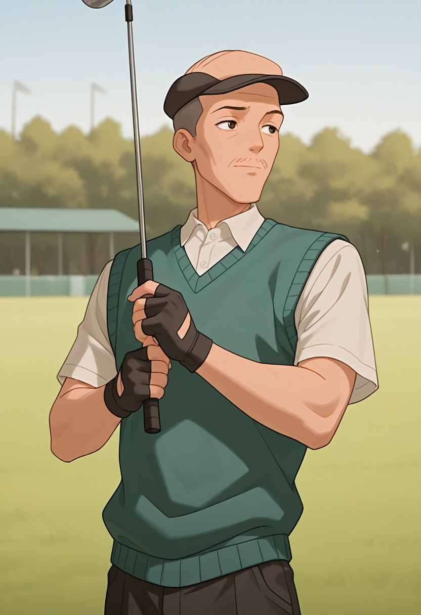 embedding:Illustrious\Positive\IllusP0s, embedding:Illustrious\Positive\IllustriousQual,1boy, jerry_ts!, bald, grey hair, brown eyes, slim, mustache, facial hair,sweater vest, black gloves, holding golf club, golf field, flat hat, fingerless gloves, best quality, high resolution, masterpiece.