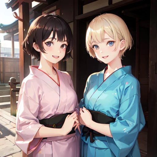 two young girls wearing yukata, one blonde short hair with green eyes, one brown short hair with black eyes, going to the temple to pray, smile, (realistic, photorealistic), extremely detail face , CG, teeth, happiness