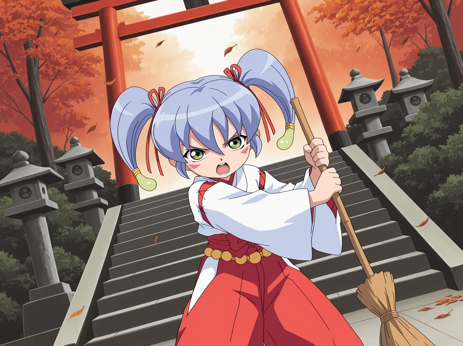 absurdres,highres,masterpiece,best quality,amazing quality,official anime artwork,outdoors,
anime screencap,OT2004 \(style\),
petite,aged down,
1girl,solo,
(Volumetric Lighting,Cinematic Lighting),
autumn leaves,tree,bush,falling leaves,shrine,torii,stairs,stone lantern,
upper body,dynamic pose,motion lines,motion blur,
open mouth,angry,
fighting stance,holding broom,dutch angle,
BREAK <lora:nazuna_OT2004_illuV01_b3g2plw02c1wd05_d32a32_lr800s2_rvs:1>,nazuna_OT2004,blue hair,short hair,red ribbon,hair ribbon,short twintails,magatama hair ornament,green eyes,red triangle facial mark,hair between eyes,white kimono,cross-laced sleeves,long sleeves,wide sleeves,red hakama pants,red layered waist bow,yellow waist beads,