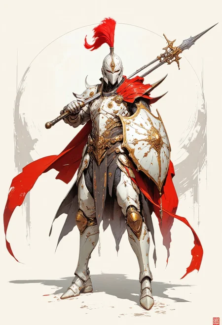 masterpiece, best quality, good quality, very aesthetic, absurdres, newest, armor, asymmetrical dual wielding, buckler, cape, dual wielding, full armor, full body, helmet, holding, holding polearm, holding shield, holding weapon, knight, lance, plume, polearm, red cape, shield, weapon, white armor, winged helmetï¼ Attack,
dynamic pose,
dynamic angle, retro_artstyle, retro,
FF Style <lora:ponyv6_noobV1_2_adamW-000017:0.7> <lora:USNR_STYLE_XL_lokr:0.5> <lora:MinimalColorSketchIllustriousV1:0.3> <lora:retro_scifi_artstyle_illustriousXL-000021:0.6>
, (((white sphere on background)))