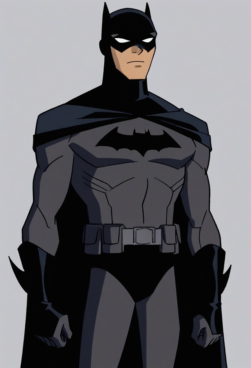 score_9_up, score_8_up, score_7_up, slade is BATMAN, 1 boy, solo, BMYJ, mask, cape, no pupil, standing, Batman Animated Style, simple background <lora:teentitans_pony_v1:1>