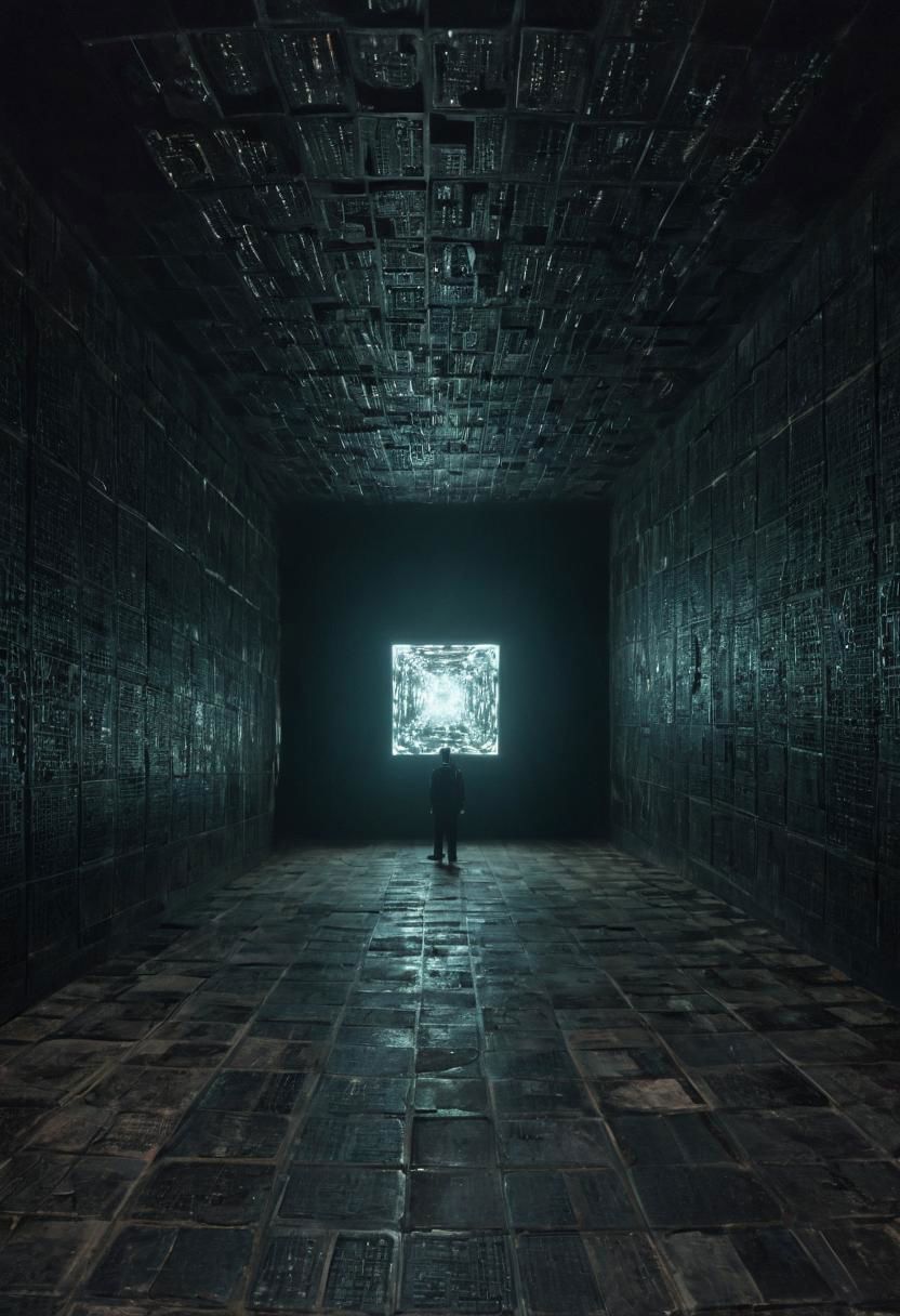 a matrix abyss by H.P. Lovecraft, a long floor into eternity, black reflecting tiles, dimmed lightning, vintage sci-fi led panels, electrical panels, neo pale man in the end of the floor, looking to viewer