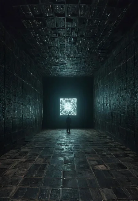a matrix abyss by H.P. Lovecraft, a long floor into eternity, black reflecting tiles, dimmed lightning, vintage sci-fi led panels, electrical panels, neo pale man in the end of the floor, looking to viewer
