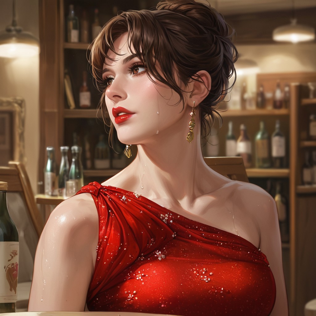 score_9, score_8_up, score_7_up, realistic, vivid realism, enhanced colors, 1girl, brown eyes, brown hair, bare shoulders, makeup, collarbone, parted lips, hair bun, single hair bun, short hair, breasts, lips, earrings, red dress, dress, looking to the side, bottle, bar (place), solo, upper body, blurry, blurry background, jewelry, indoors, sweat, red lips, lipstick