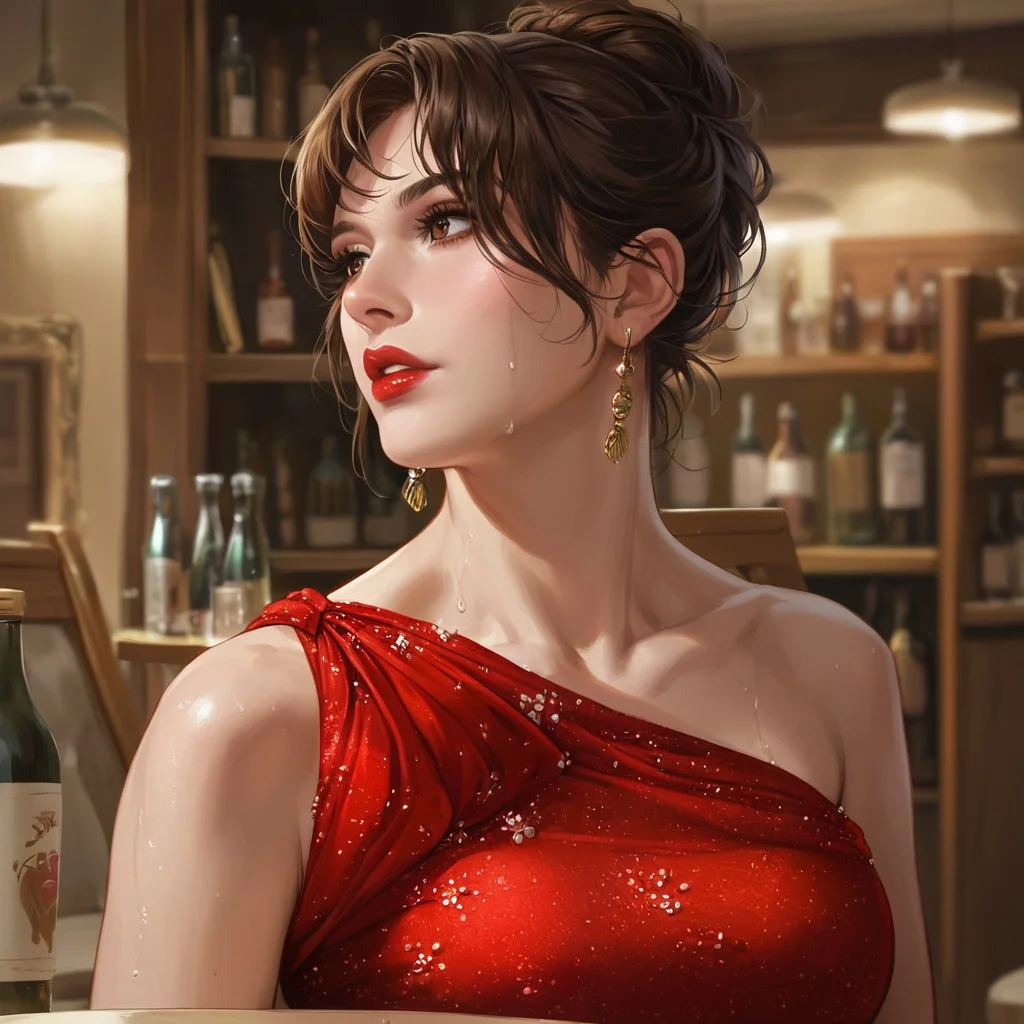 score_9, score_8_up, score_7_up, realistic, vivid realism, enhanced colors, 1girl, brown eyes, brown hair, bare shoulders, makeup, collarbone, parted lips, hair bun, single hair bun, short hair, breasts, lips, earrings, red dress, dress, looking to the side, bottle, bar (place), solo, upper body, blurry, blurry background, jewelry, indoors, sweat, red lips, lipstick