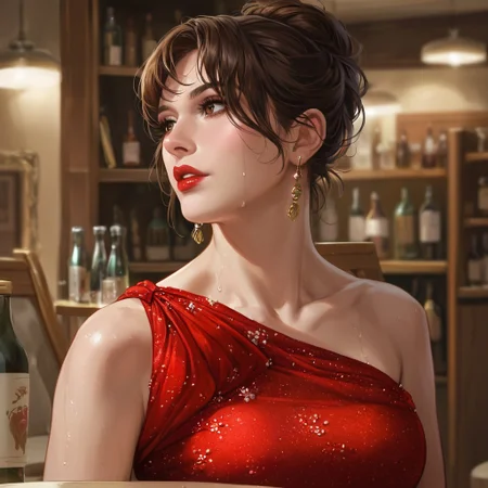 score_9, score_8_up, score_7_up, realistic, vivid realism, enhanced colors, 1girl, brown eyes, brown hair, bare shoulders, makeup, collarbone, parted lips, hair bun, single hair bun, short hair, breasts, lips, earrings, red dress, dress, looking to the side, bottle, bar (place), solo, upper body, blurry, blurry background, jewelry, indoors, sweat, red lips, lipstick