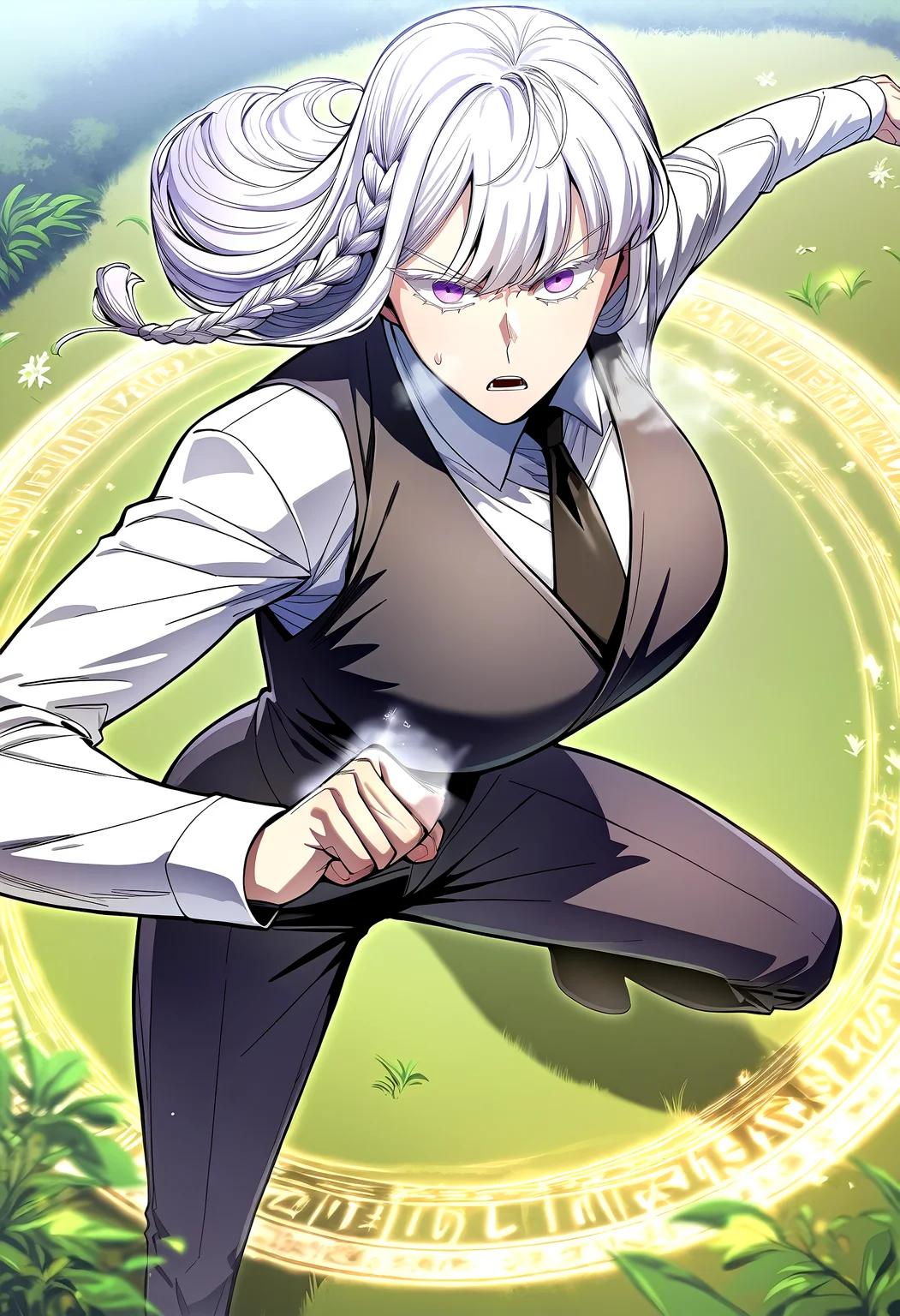 score_9, score_8_up, score_7_up, score_6_up, source_anime, rating_explicit, <lora:neg4all_bdsqlsz_V3.5:2.0>1girl, (solo:1.1), huge breasts, <lora:high priestponyxl:1> long hair, purple eyes, side braid, bangs, white hair, long sleeves, collared shirt, white shirt, black necktie, black pants, black vest, serious, open mouth, Narrow shoulders, heavy breathing, sweat, steaming body, grasslands, outdoor, looking at viewer, magic circle, (fighting stance:1.2)
