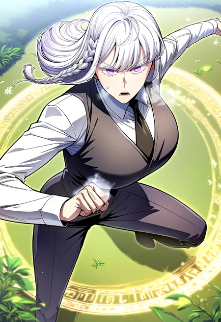 score_9, score_8_up, score_7_up, score_6_up, source_anime, rating_explicit, <lora:neg4all_bdsqlsz_V3.5:2.0>1girl, (solo:1.1), huge breasts, <lora:high priestponyxl:1> long hair, purple eyes, side braid, bangs, white hair, long sleeves, collared shirt, white shirt, black necktie, black pants, black vest, serious, open mouth, Narrow shoulders, heavy breathing, sweat, steaming body, grasslands, outdoor, looking at viewer, magic circle, (fighting stance:1.2)