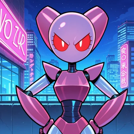 score_9, score_8_up, score_7_up, beautiful, high quality, highres, masterpiece, western cartoon, cartoon, best quality, black outline, thick outline, BREAK, solo, 1girl, upper body, robotgirlsuperactivated, robot, robot girl, humanoid robot, light pink skin, tall, red eyes, mad, angry, looking at viewer, hands on hips, no mouth, BREAK, detailed background, detailed environment, outdoors, city, urban, cityscape, night, night sky, neon lights,