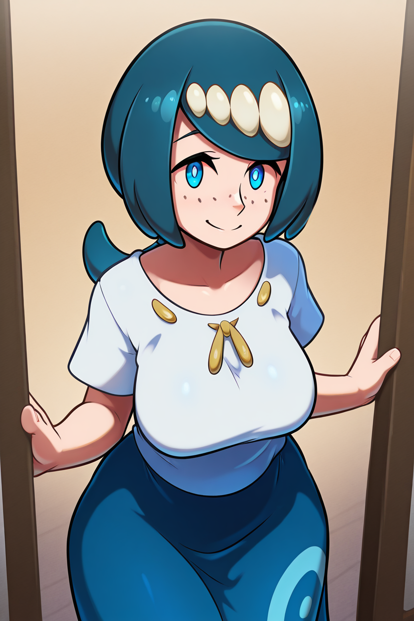 masterpiece, best quality, BREAK, zzLanasMother, lana's mother (pokemon)  blue hair, blue eyes, long hair, freckles, large breasts, hair ornament, white shirt, blue skirt, <lora:LanasMotherPokemonIXL_v2:1.0>, smile, looking at viewer, cowboy shot,    <lora:theOtherHalfIXL_v2:1.0>,