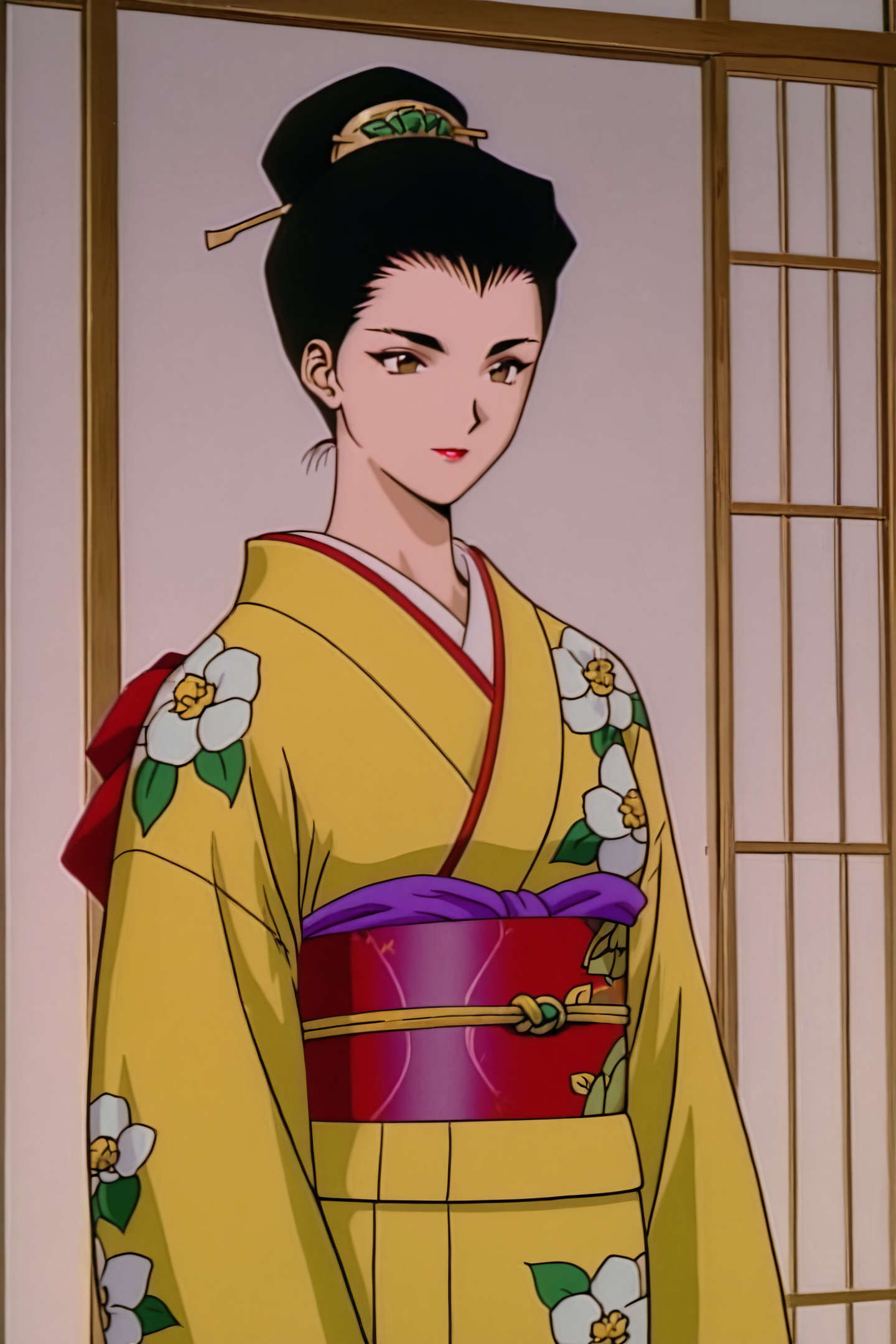 Reiko Terayama,japanese clothes,kimono,solo,1girl,black hair,yellow kimono,obi,hair ornament,sash,brown eyes,1990s \(style\),updo,
<lora:Golden Boy_illustriousXL:1>,