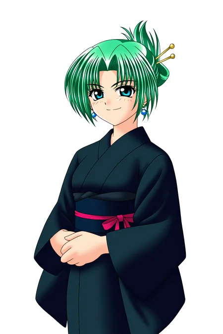 higurashiog, 1girl, solo, looking at viewer, smile, short hair, blue eyes, simple background, long sleeves, hair ornament, white background, closed mouth, jewelry, green eyes, upper body, earrings, green hair, japanese clothes, kimono, parted bangs, sash, obi, transparent background, yukata, folded ponytail, hair stick, black kimono, hair up, sonozaki akane, 
(masterpiece, best quality, absurdres, highres), very awa, 