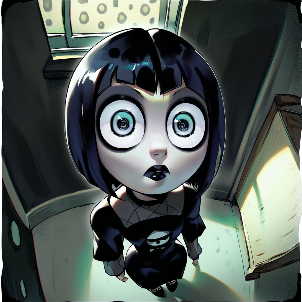 score_7_up, score_8_up, clos_pers, close-up, perspective, fisheye, black border, face focus, 1girl, big eyes, wide-eyed, leaning in, looking at viewer, black dress, goth, black lipstick, full body, from above, high angle, indoors,